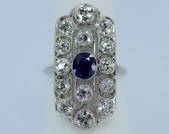 Edwardian Diamond and Sapphire Filigree Ring, Old European Cut, Platinum Setting, Statement Ring, Estate Diamond Ring, Antique Diamond Ring