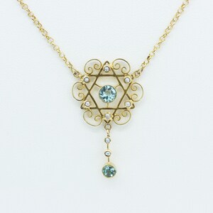 Edwardian 14k Yellow Gold Necklace with Aqua Gemstones and Seed Pearl Accents, Antique 14k Gold Necklace with Natural Gemstones