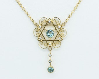 Edwardian 14k Yellow Gold Necklace with Aqua Gemstones and Seed Pearl Accents, Antique 14k Gold Necklace with Natural Gemstones