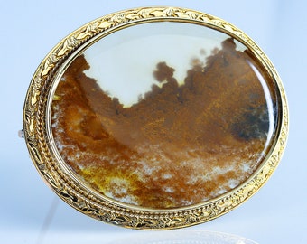 Moss Agate Brooch, Victorian 14k Gold Brooch, Moss Agate Jewelry, Vintage Brooch, Earth Tone Jewelry, Moss Agate Pendant