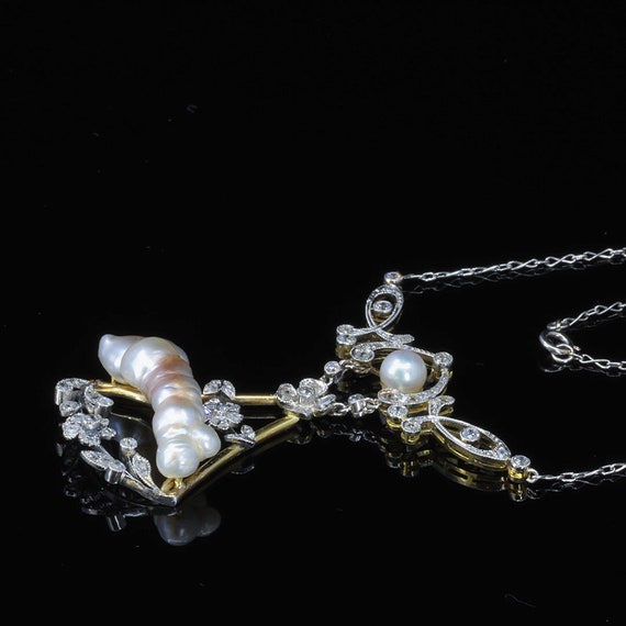 Baroque Pearl Diamond Necklace Lavalier, Edwardia… - image 8