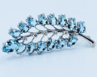 Aquamarine Brooch Diamonds Leaf Motif 14k White Gold Vintage Estate Krementz Jewelry