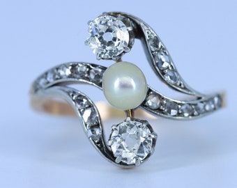 Edwardian Belle Epoque Ring, Antique 18k Gold and Platinum Ring, Old Mine Cut Diamonds, Natural Pearl, Estate Ring, Diamond Pearl Ring