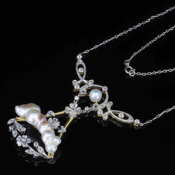 Baroque Pearl Diamond Necklace Lavalier, Edwardia… - image 7