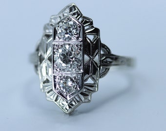Art Deco Filigree 3 Stone Ring, Estate Engagement Ring, 14k White Gold, Vintage Diamond Ring, Old European Cut Diamond Ring, Multi Stone