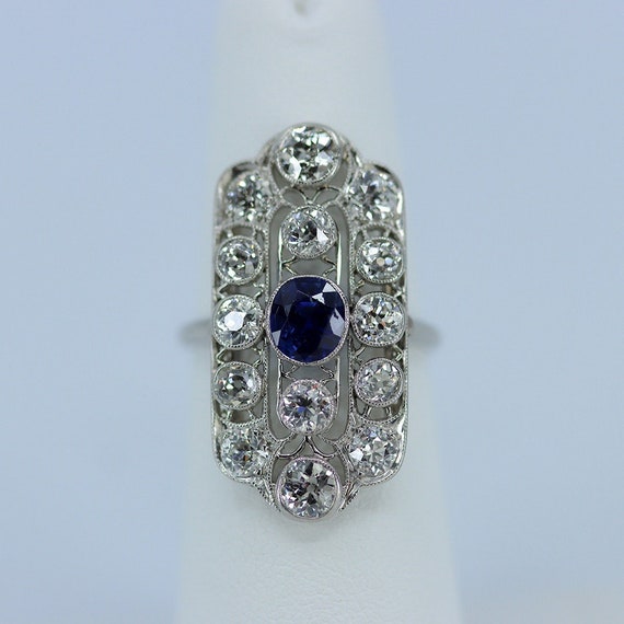 Edwardian Diamond and Sapphire Filigree Ring, Old European Cut, Platinum Setting, Statement Ring, Estate Diamond Ring, Antique Diamond Ring