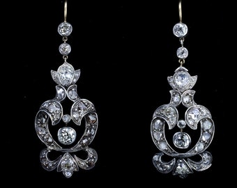 Georgian Diamond Chandelier  Drop Earrings, Antique Dangle Vintage Estate Jewelry