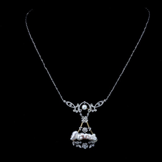 Baroque Pearl Diamond Necklace Lavalier, Edwardia… - image 5