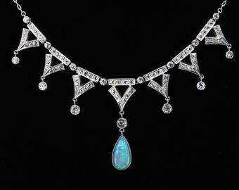 Platinum Diamond Opal Festoon Choker Vintage Estate Jewelry Necklace