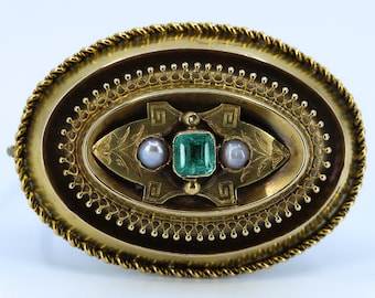 Gold Victorian Locket Brooch, Etruscan Revival, Emerald and Pearl, Antique Brooch, Locket Brooch, Memorial Jewelry, Estate Jewelry