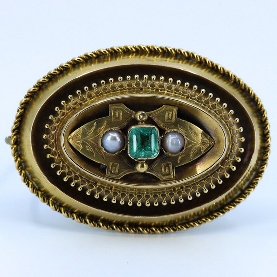 Gold Victorian Locket Brooch, Etruscan Revival, E… - image 1