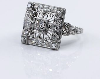 Edwardian Diamond Ring, Platinum Ring, Diamond Cocktail Ring, Vintage Ring, Antique Ring, Square Ring, Statement Ring, Antique Diamond Ring