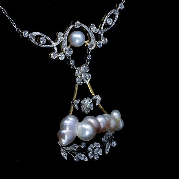 Baroque Pearl Diamond Necklace Lavalier, Edwardia… - image 3
