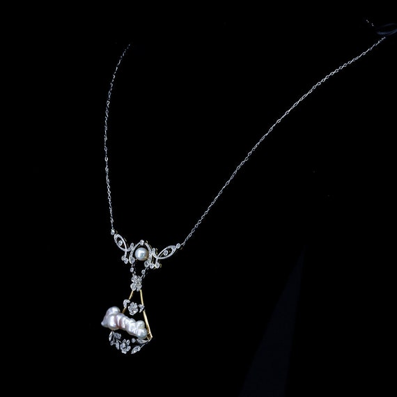 Baroque Pearl Diamond Necklace Lavalier, Edwardia… - image 4