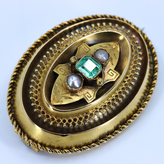 Gold Victorian Locket Brooch, Etruscan Revival, E… - image 3