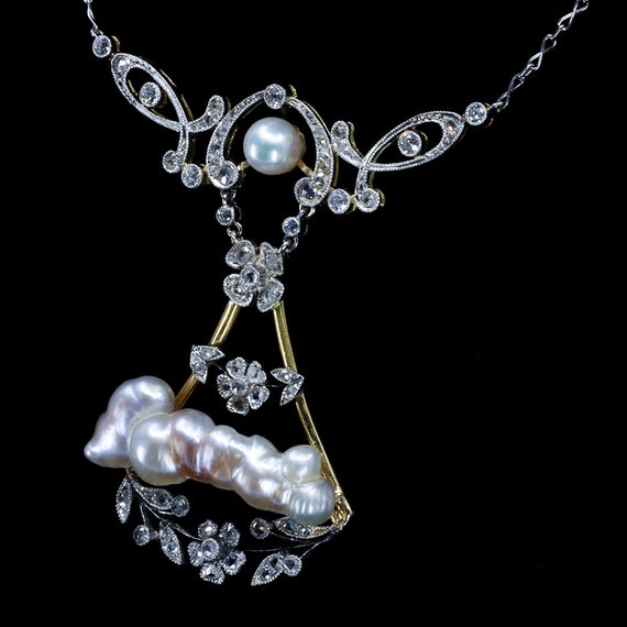Baroque Pearl Diamond Necklace Lavalier, Edwardia… - image 1