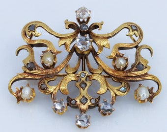 Art Nouveau Diamond Brooch Pendant, Convertible 18k Gold Antique Vintage Jewelry