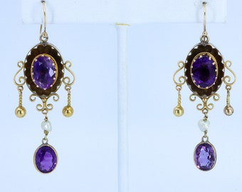 Victorian Amethyst Pearl Earrings, Chandelier Earrings,14k Gold Dangle Earrings, Antique Earrings, Amethyst Earrings, Estate Earrings