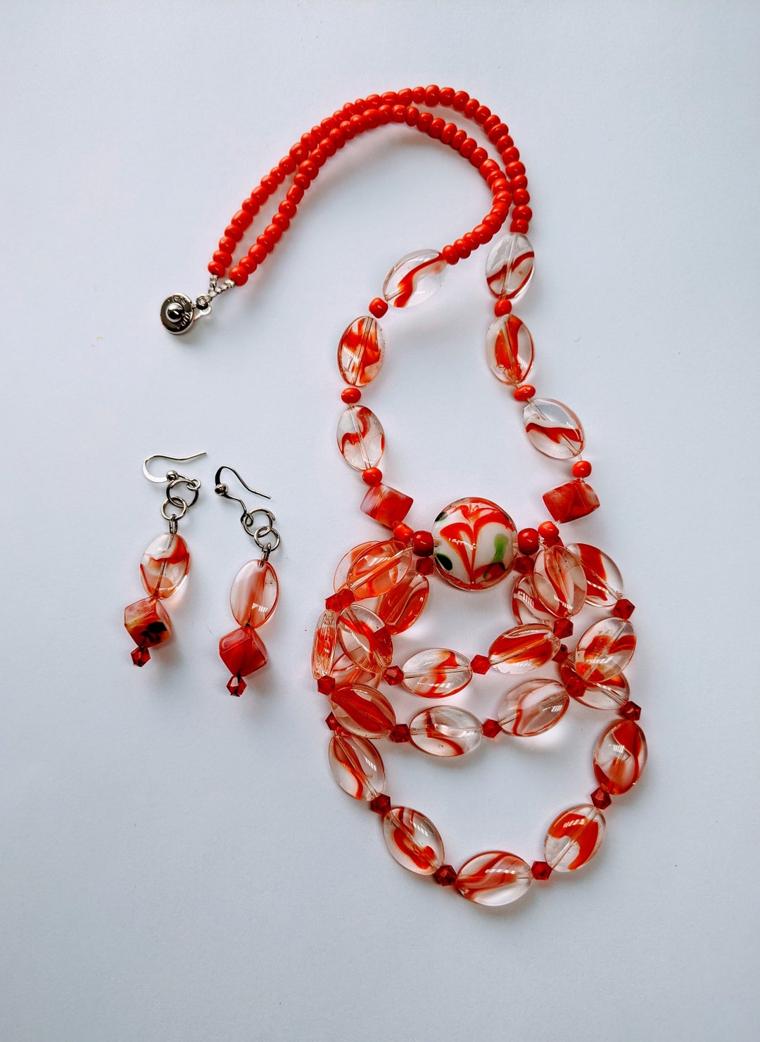 Red and White Glass Bead Necklace With Matching Earrings Etsy