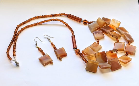 Christmas Gift ideas, Brown statement necklace with matching earrings, Boho necklace, Gift for Women, Agate jewelry, Chunky necklace