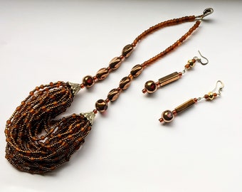 Brown multistrand seed beads necklace with matching earrings, gift for her, statement necklace