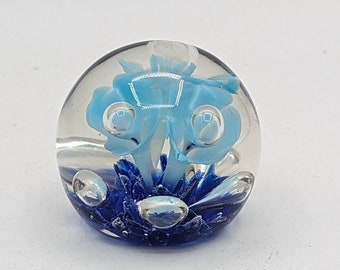 St. Clair Glass Paperweight With Blue Flowers