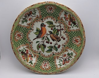 Daher Decorated Ware Tin Bowl 1971 Birds and Cherries Gold Green Tin Box Company