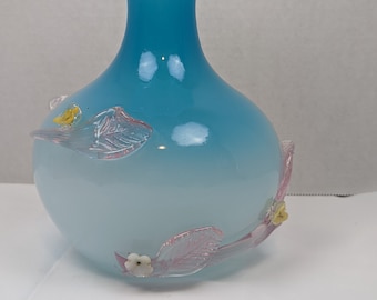 Stunning Vintage Blue Vase With Applied Flowers on a Vine