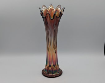 Vintage Fenton Amethyst Carnival Glass Vase, Long Thumbprint Swung Shape Art Glass