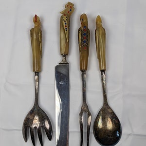 Vintage Silver Horn Phoenix Bird Alfred Haddad Lebanon Salad Spoon and Fork, Carving Knife and Fork