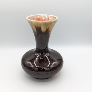 Studio Pottery Vase Brown Glazed with Orange and Cream Drip Signed