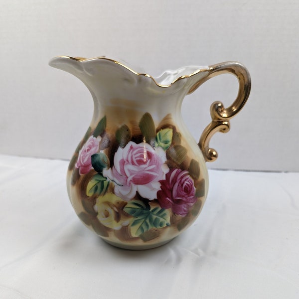 Vintage Enesco Imports Japan Porcelain Pitcher  Yellow with Pink Roses Gold Gilding