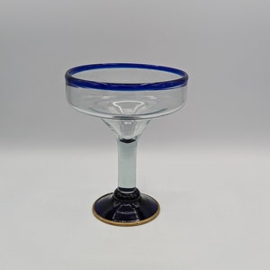 Mexican Hand Blown Blue Rim and Food with Copper Band Margarita Glass