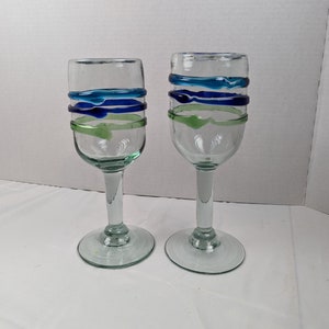 Hand Blown Art Glass Glasses 16oz Vintage  Clear Glass with Applied Bands