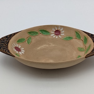 Studio Pottery Bowl with Handles Decorated with Flowers and Leaves Signed Pansy