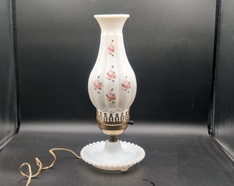 Vintage Milk Glass Hurricane Lamp Melon Ribbed Beaded Shade Hand Painted Roses