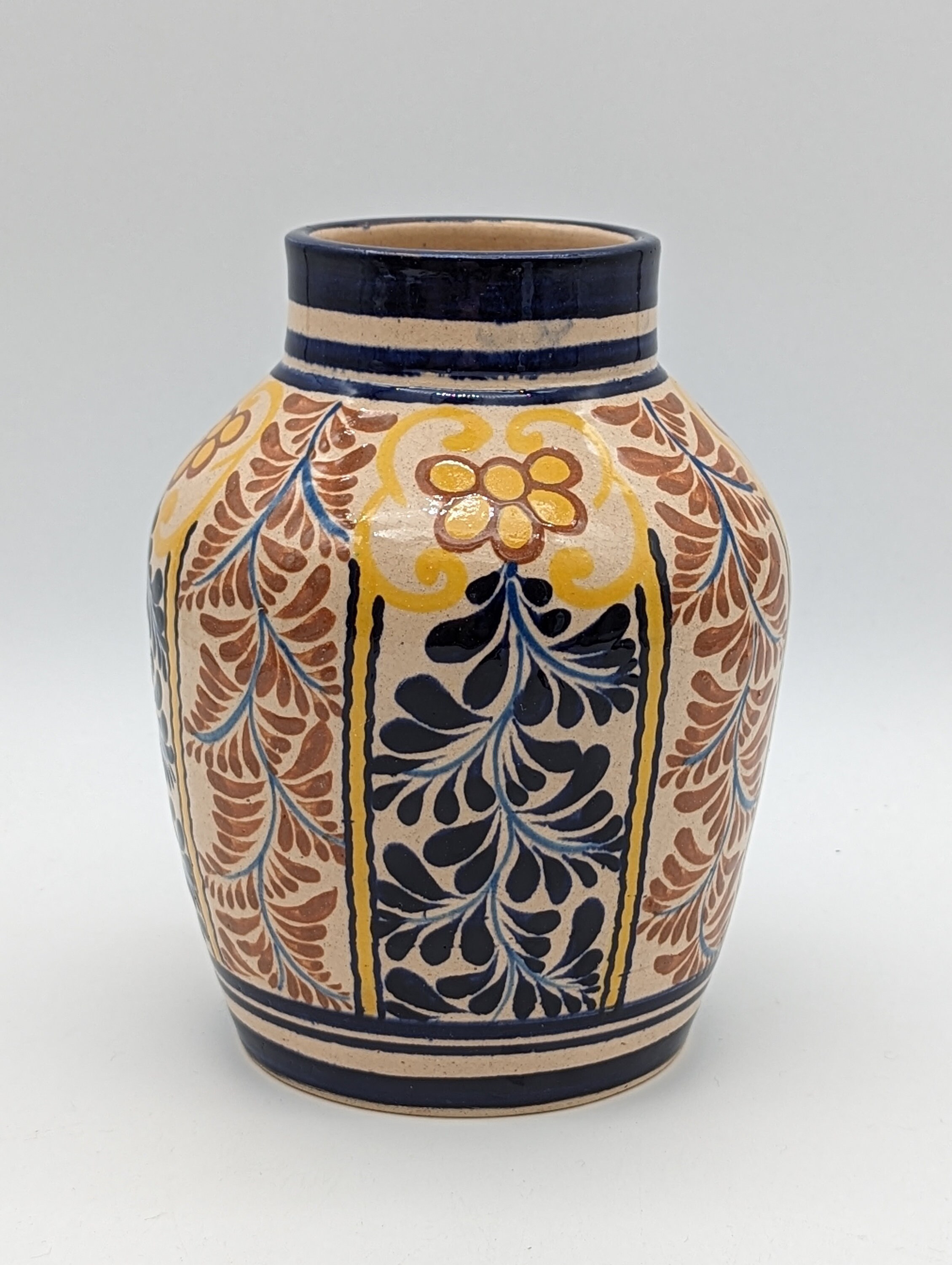 陶芸品 陶器 花瓶 メキシカンアンティーク ヴィンテージ ベージュ ブルー フローラル 釉薬 セラミック メキシカン