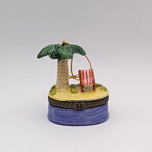 Tropical Enamel & Metal Palm Tree and Red Striped Chair on the Beach Hinged Box