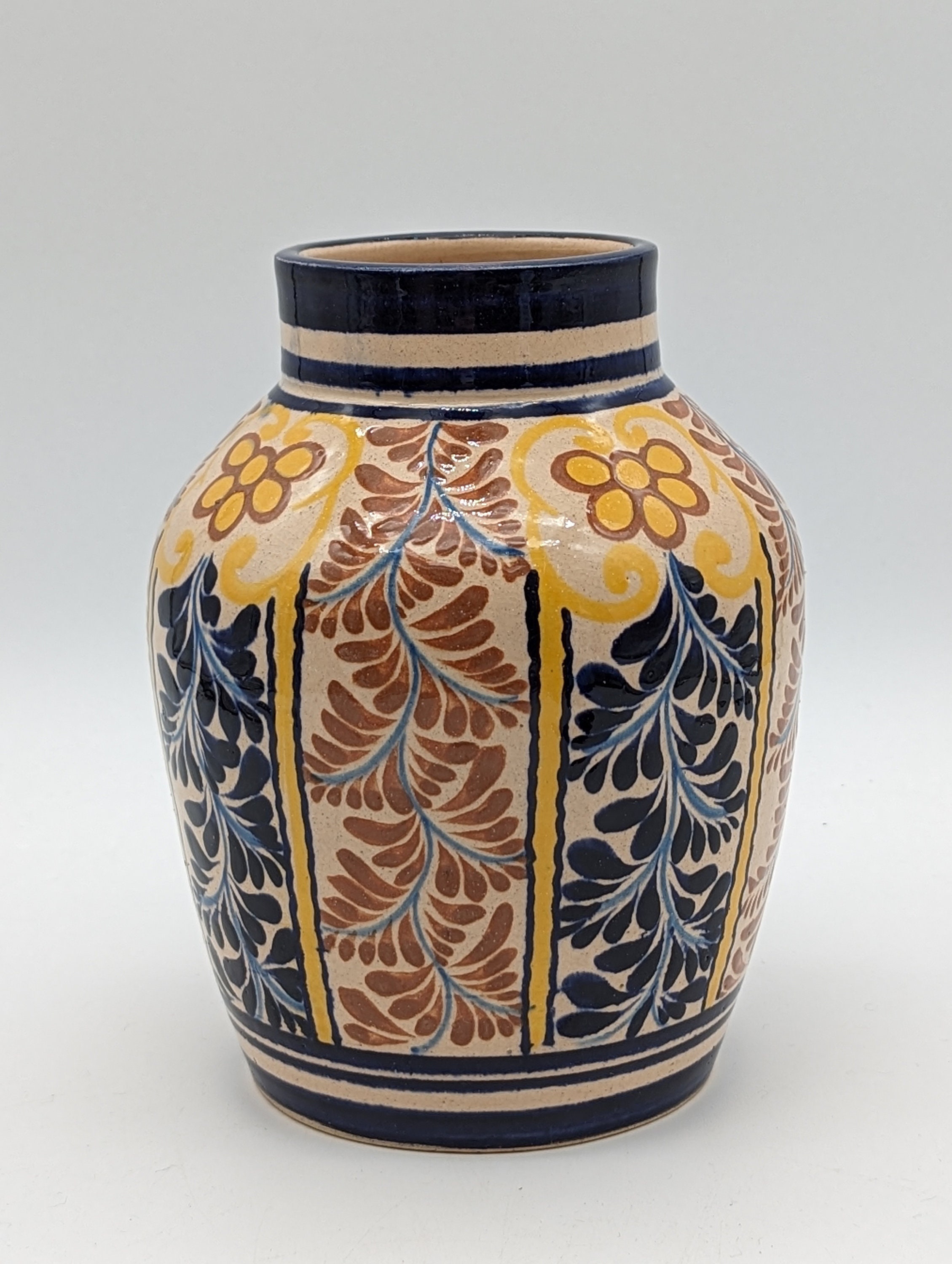 陶芸品 陶器 花瓶 メキシカンアンティーク ヴィンテージ ベージュ ブルー フローラル 釉薬 セラミック メキシカン