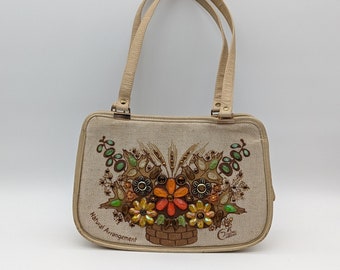 Vintage Natural Arrangement Enid Collins Burlap Jeweled Floral MCM Bag Purse