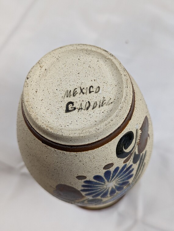 未使用美品　メキシコ　トナラ焼　陶器製　鳥と植物　ボトル　花器 ヴィンテージ トナラ メキシコ 陶器 花瓶 フォークアート 鳥 サイン