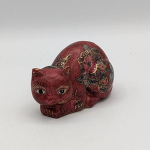 Ceramic Hand Painted Red and Gold Tone Cat Figurine Flower Pattern