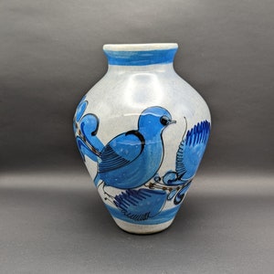 Tonala Mexican Pottery Blue Vase with Bird 7&quot;H Hand Made