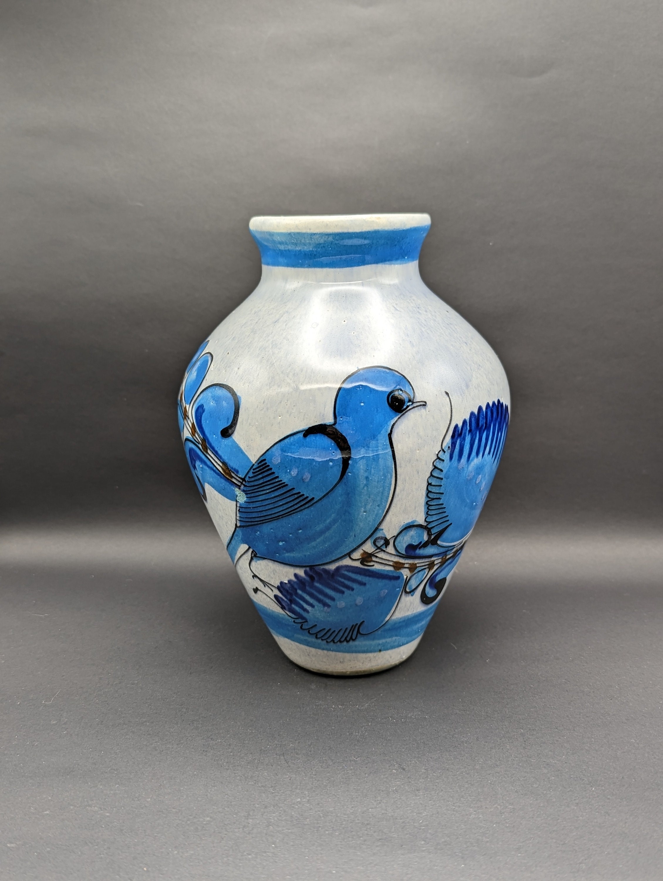 トナラ メキシカン 陶器 青い花瓶 鳥付き 高さ 7 インチ ハンドメイド