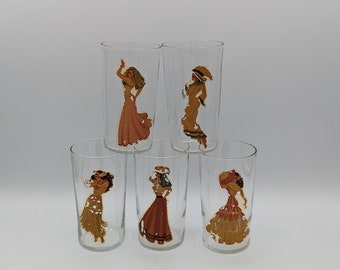 Vintage 1950's Petty Peek-A-Boo Pinup Girl Drinking Glasses  - Set of 5