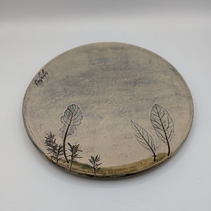 Handmade Pottery Platter with Embossed Leaves Signed