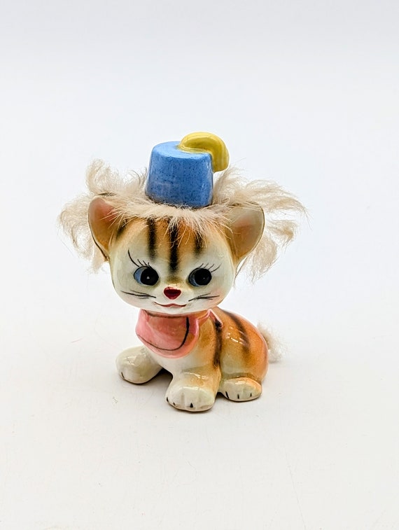 CUTE! Vintage Flocked Ceramic Tiger Orange Cat With Fez Hat