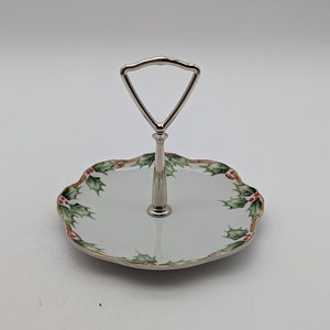 Vintage Lefton Holly Garden Small 6.25&quot; Handled Tidbit Server / Mint Dish