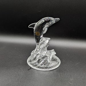 Cristal D&#39;Arques France Crystal Dolphin Figurine On Clear Glass Wave Base