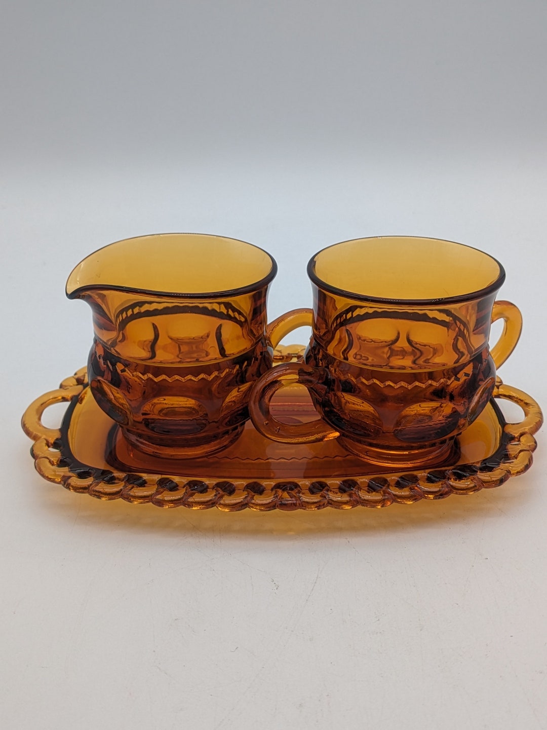 Beautiful Indiana Glass Amber Kings Crown Thumbprint Creamer & Sugar ...
